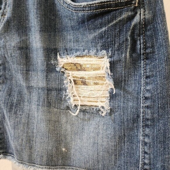 Elle Womens Stretch Blue Denim Mini Skirt Distressed Gold Sequin Detail - Picture 3 of 9